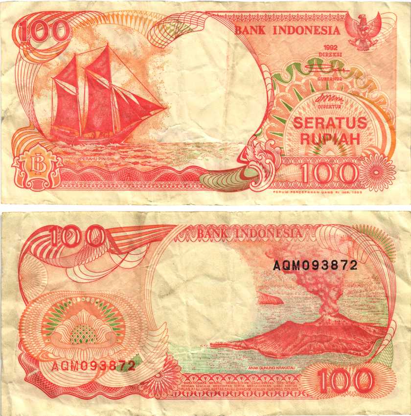 ИНДОНЕЗИЯ 100 РУПИЙ 1992/1993 ПАРУСНИК ПИНИСИ Pick 127b бумага 6280-46-1-1