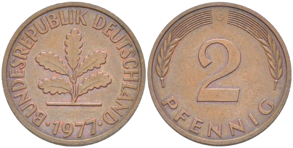 ФРГ 2 пфеннига 1977 G KM 106a, J.381a сталь плакированная медью 4181-826
