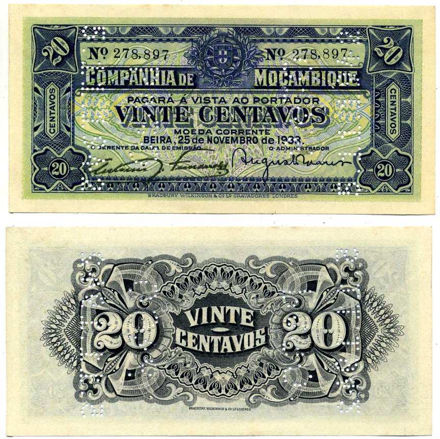 Мозамбик, Португальский 20 сентаво 1933 25 ноября 1933, перфорация PAGO 5.11.1942 Pick R29 бумага аUNC 7457-26-2-1