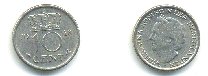 Нидерланды 10 центов 1948 Вильгельмина (1895-1948) KM 177 никель 83-955