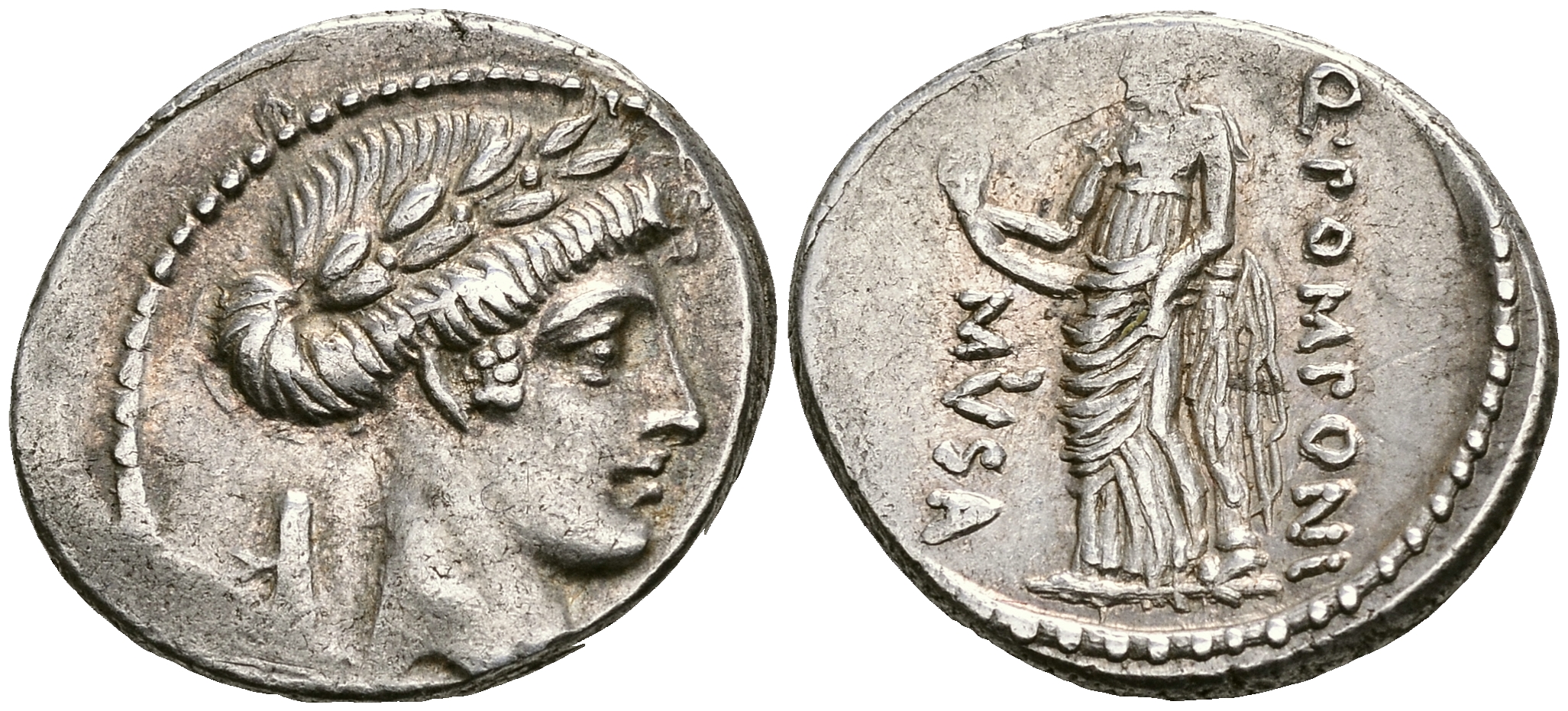 Римская Республика денарий 66 г. до н.э. монетарий КВ. Помпоний Муза. голова Аполлона / Клио - муза истории GOOD VERY FINE 4,02 ГР. Crawf. 410/3; Syd. 813 серебро 00-814-96