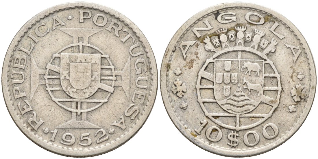 Португальская Ангола 10 эскудо 1952 KM 73 серебро 4571-927