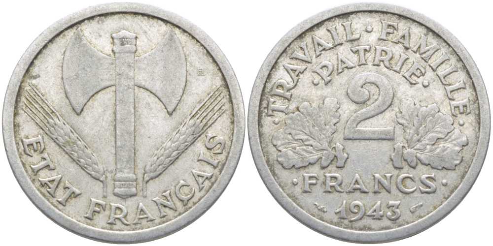 Франция 2 франка 1943 правительство Виши KM 904.1, LE FRANC 270.2 алюминий 109-1216
