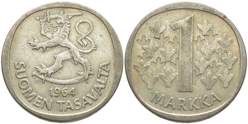 Финляндия 1 марка 1964 S KM 49 серебро 113-236