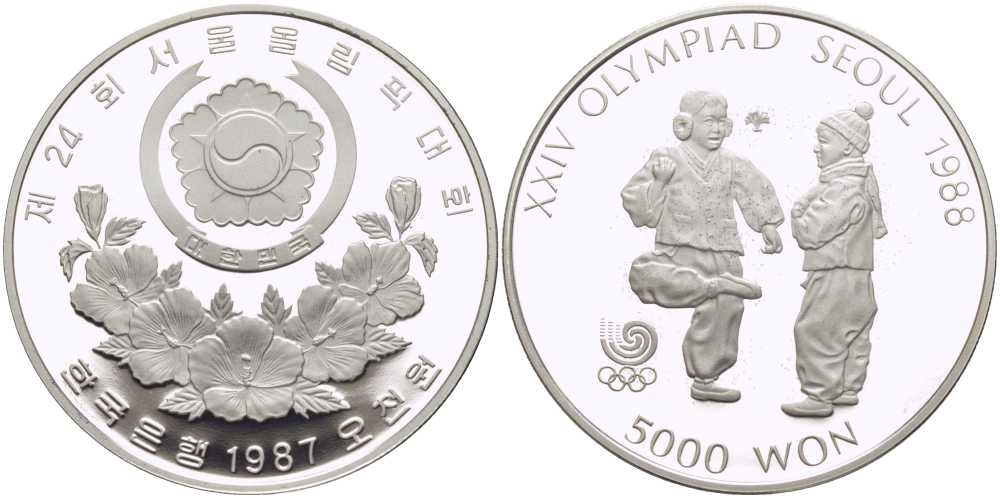 Южная Корея 5000 вон 1987 XXIV Летние Олимпийские игры в Сеуле 1988 года, национальный спорт Chegi Kicking KM 61 серебро PROOF 1076-10-61