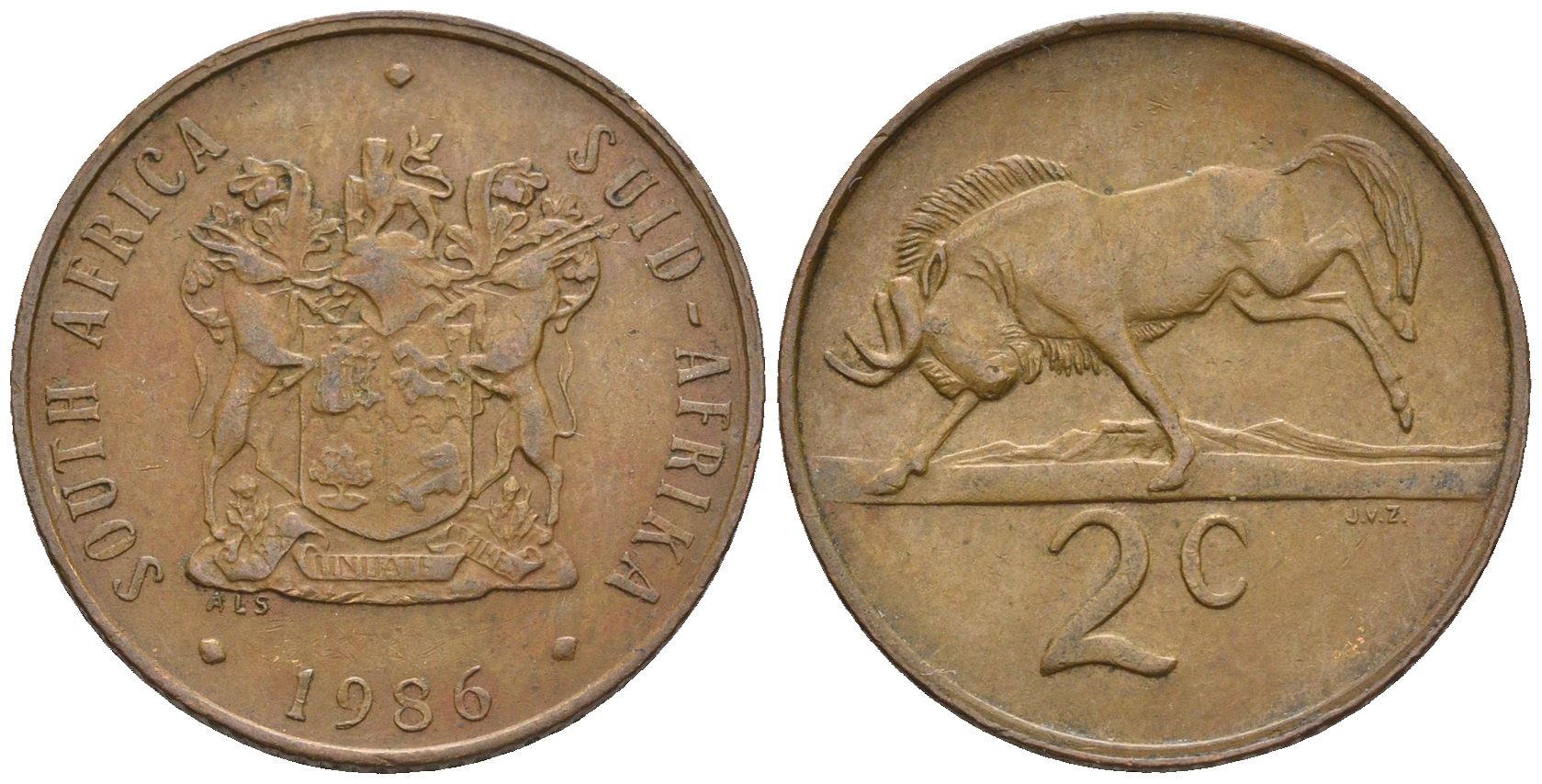 ЮАР 2 цента 1986 герб, антилопа гну KM 83 бронза 85-422