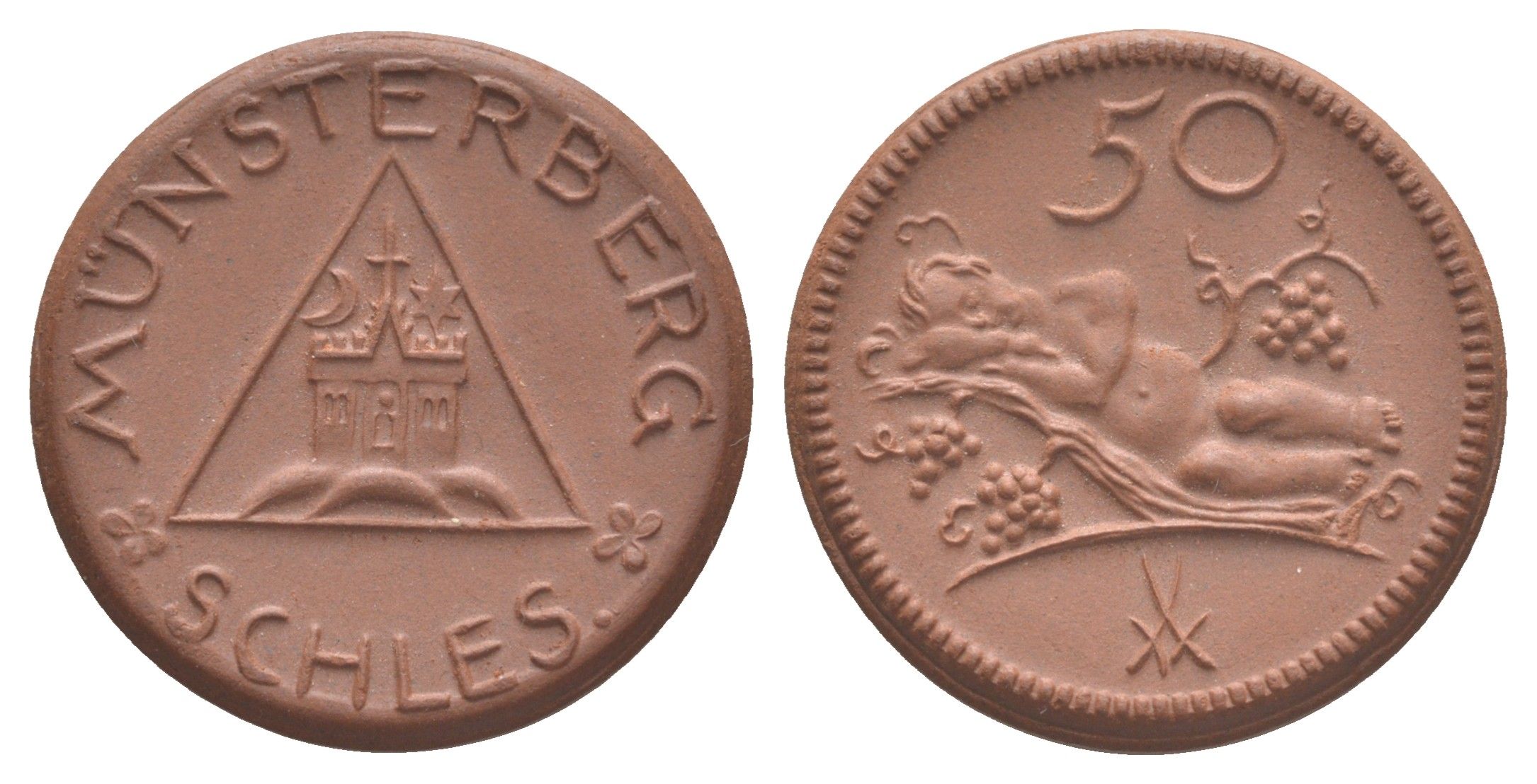 Мюнстерберг 50 пфеннигов ND (1921) Men05 18133.14, Scheuch 204a фарфор 1094-10-31