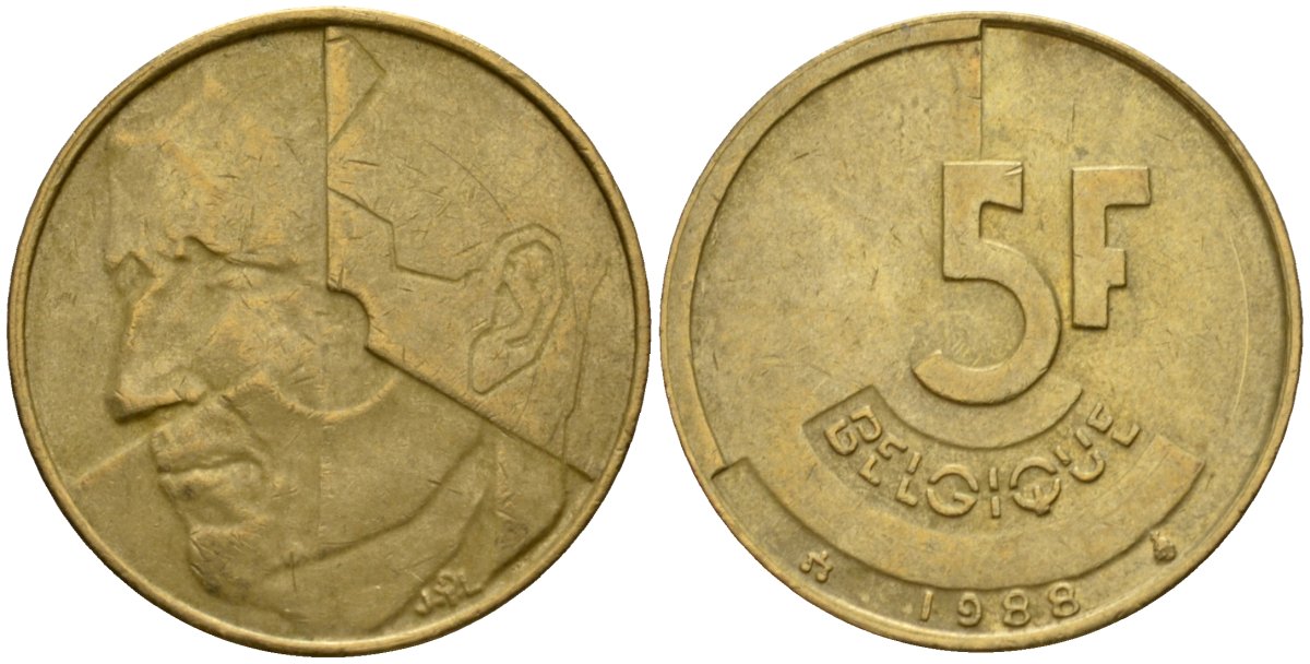 Бельгия 5 франков 1988 Belgique, Бодуэн I (1951-1993) KM 163 алюминиевая бронза 4601-213