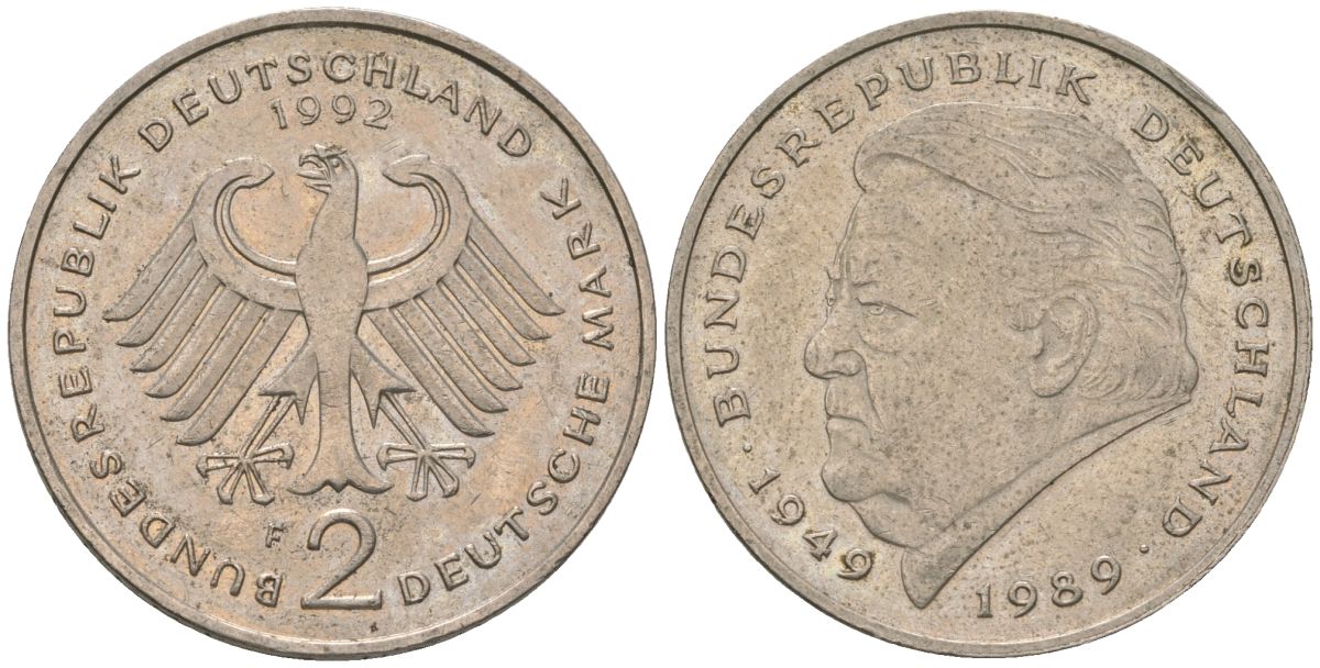ФРГ 2 марки 1992 F, Франц Йозеф Штраус, 40 лет Федеративной Республике KM 175 медно-никель 4572-925