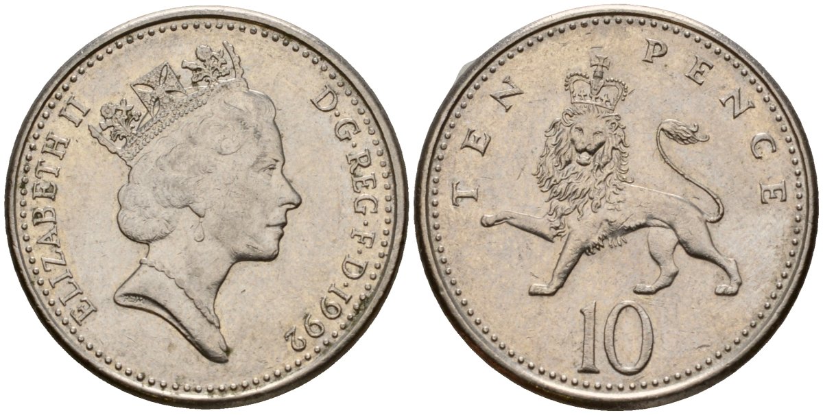 Великобритания 10 пенсов 1992 Елизавета II (1952-2022) KM 938b, Spink 4367 (F4) медно-никель 4601-445
