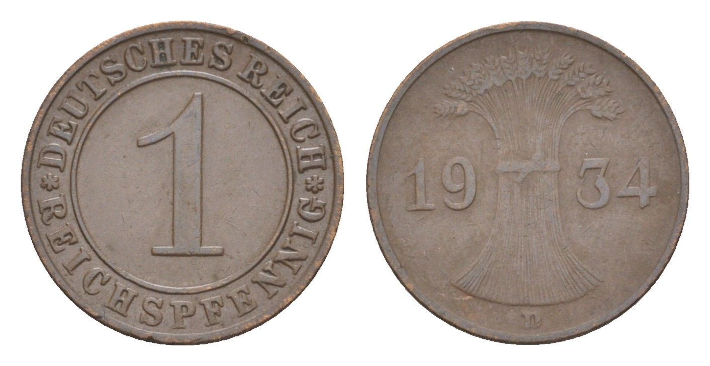 Германия 1 рейхспфенниг 1934 D KM 37, J. 313 бронза 4644-1049