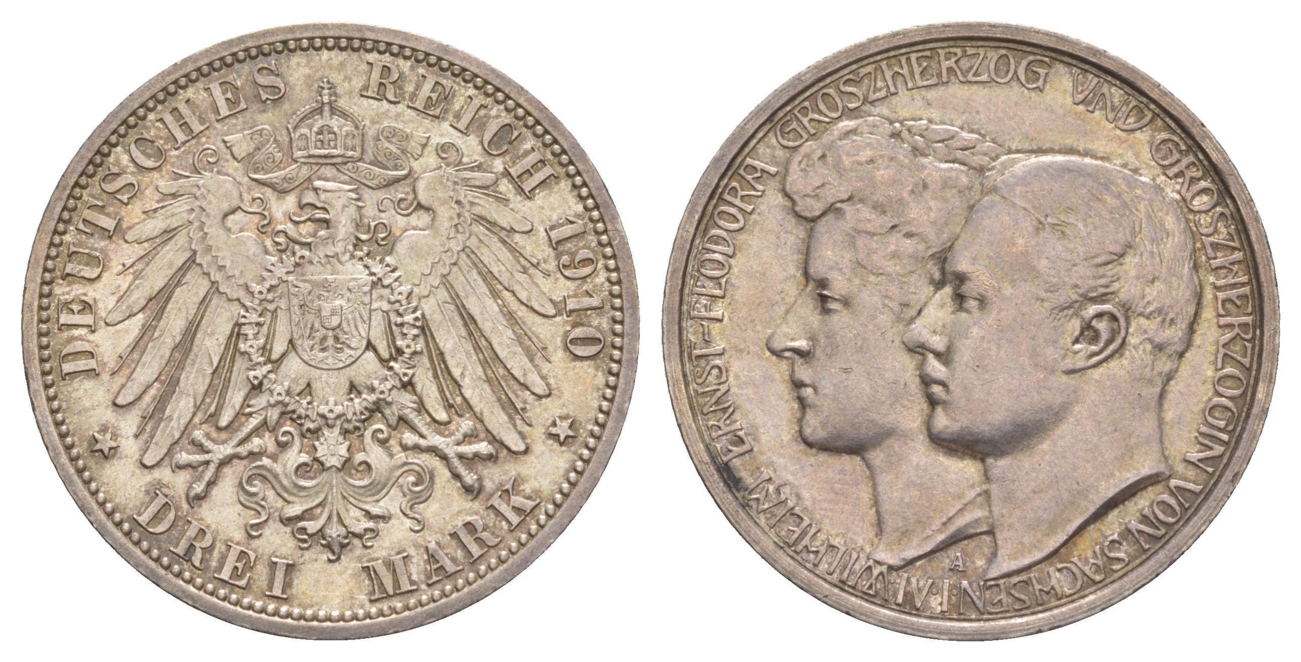 Саксен-Веймар-Эйзенах 3 марки 1910 A, Свадьба Вильгельма и Феодоры KM 221, J. 162 серебро 1523-1034