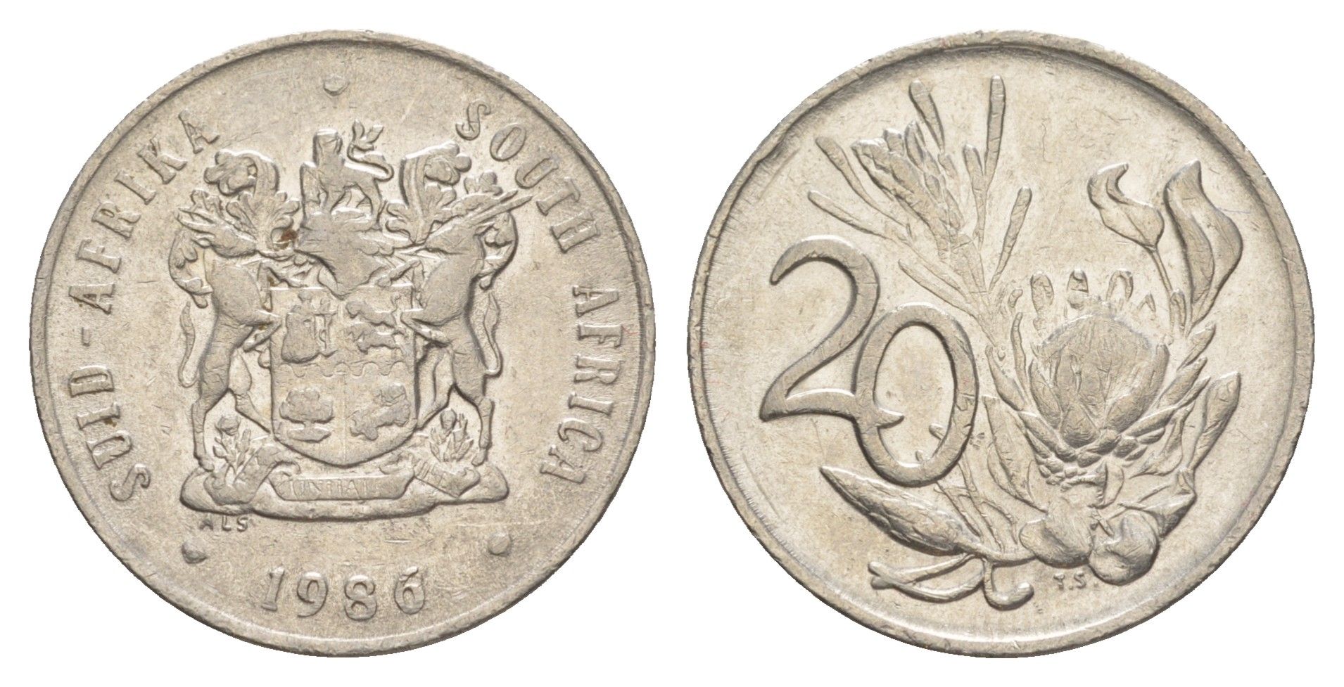 ЮАР 20 центов 1986 герб, цветок протея KM 86 никель 4601-645