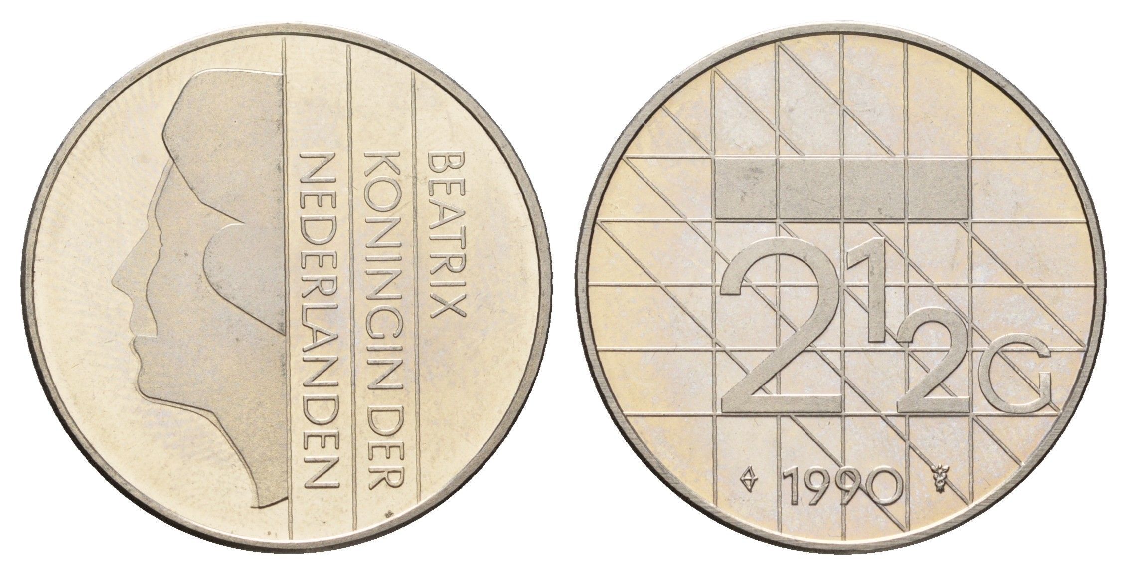 Нидерланды 2 1/2 гульдена 1990 Беатрикс (1980-2013), редкий год KM 206 никель UNC 4367-536