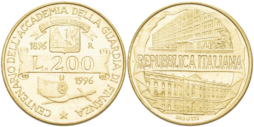 Италия 200 лир 1996 R, 100 лет Академии таможенной службы KM 184 алюминиевая бронза 4529-231