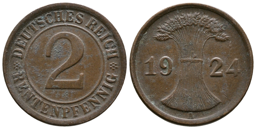 ГЕРМАНИЯ 2 РЕНТЕНПФЕННИГА 1924 A KM 31, J.307 бронза 86-1157