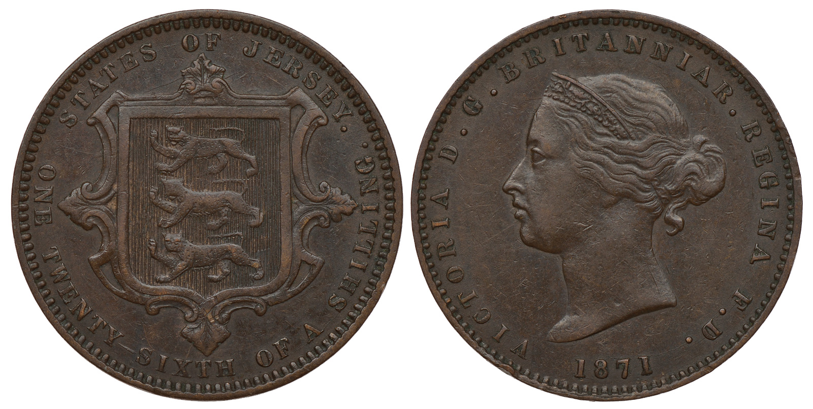 Джерси 1/26 шиллинга 1871 Виктория (1837-1901) KM 4 бронза 4393-135