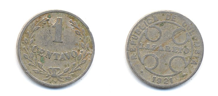 Колумбия 1 сентаво 1921 государственный лепрозорий KM L9 медно-никель 53-566