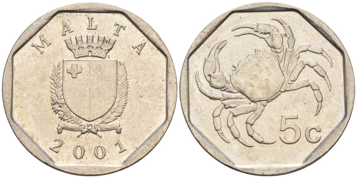 Мальта 5 центов 2001 краб KM 95 медно-никель 4588-142