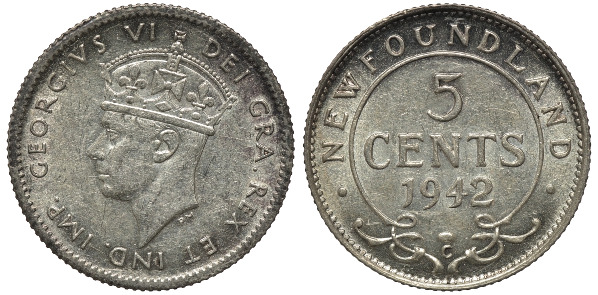 Ньюфаундленд 5 центов 1942 С, Георг VI (1937-1952) KM 19 серебро aUNC 192-321