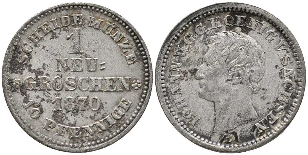 САКСОНИЯ 1 ГРОШ НОВЫЙ 1870 В, ЙОХАНН (1854-1873) KM 1221 серебро 116-825