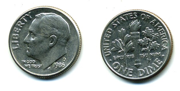США 10 центов (дайм) 1986 D, Франклин Рузвельт KM 195а медь плакированная медно-никелем 46-2444