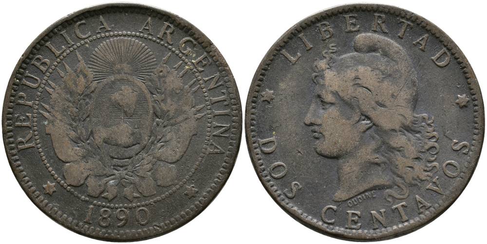 Аргентина 2 сентаво 1890 голова свободы влево KM 8 бронза 4531-936