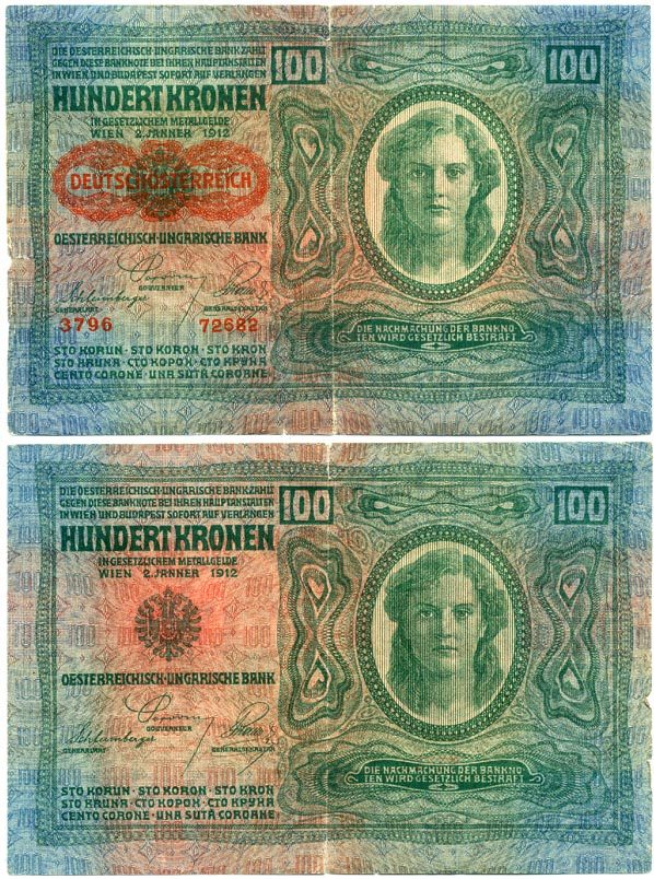 Австрия 100 крон 1912 (1919) красная надпечатка на Pick 12, на аверсе Pick 56 a бумага 444-73-2