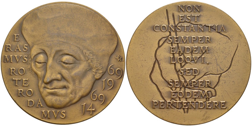 НИДЕРЛАНДЫ МЕДАЛЬ 1969 500 ЛЕТ СО ДНЯ РОЖДЕНИЯ ЭРАЗМА РОТТЕРДАМСКОГО 1469-1969, ГОЛАНДСКОГО УЧЁНОГО, ДИАМЕТР 50 ММ. бронза 1089-6-11