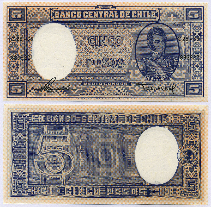 Чили 5 песо ND (1958-1959) Бернардо О’Хиггинс, серия С Pick 119 бумага UNC (пресс) 435-47-3-2