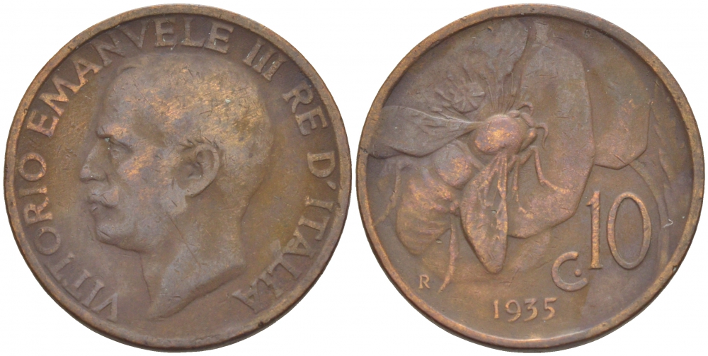 ИТАЛИЯ 10 ЧЕНТЕЗИМО 1935 R, ВИКТОР ИМАНУИЛ, ПЧЕЛА KM 60 медь 4548-117