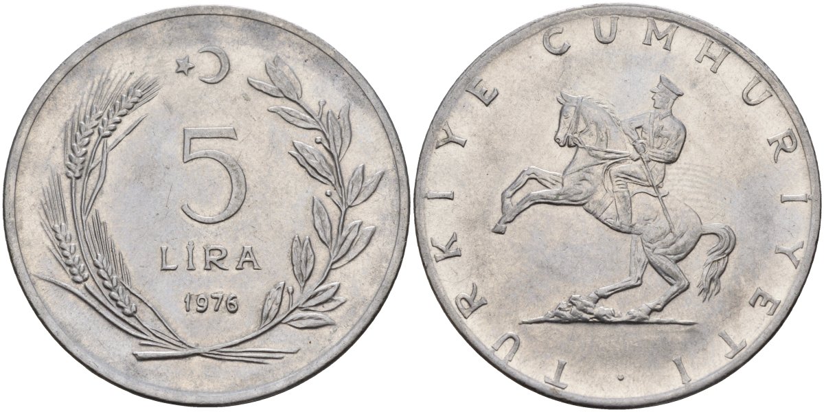 Турция 5 лир 1976 Кемаль Ататюрк KM 905 нержавеющая сталь 4140-126