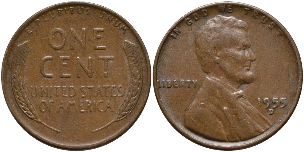 США 1 ЦЕНТ 1955 D, ЛИНКОЛЬН KM А132 медь цинк 46-915