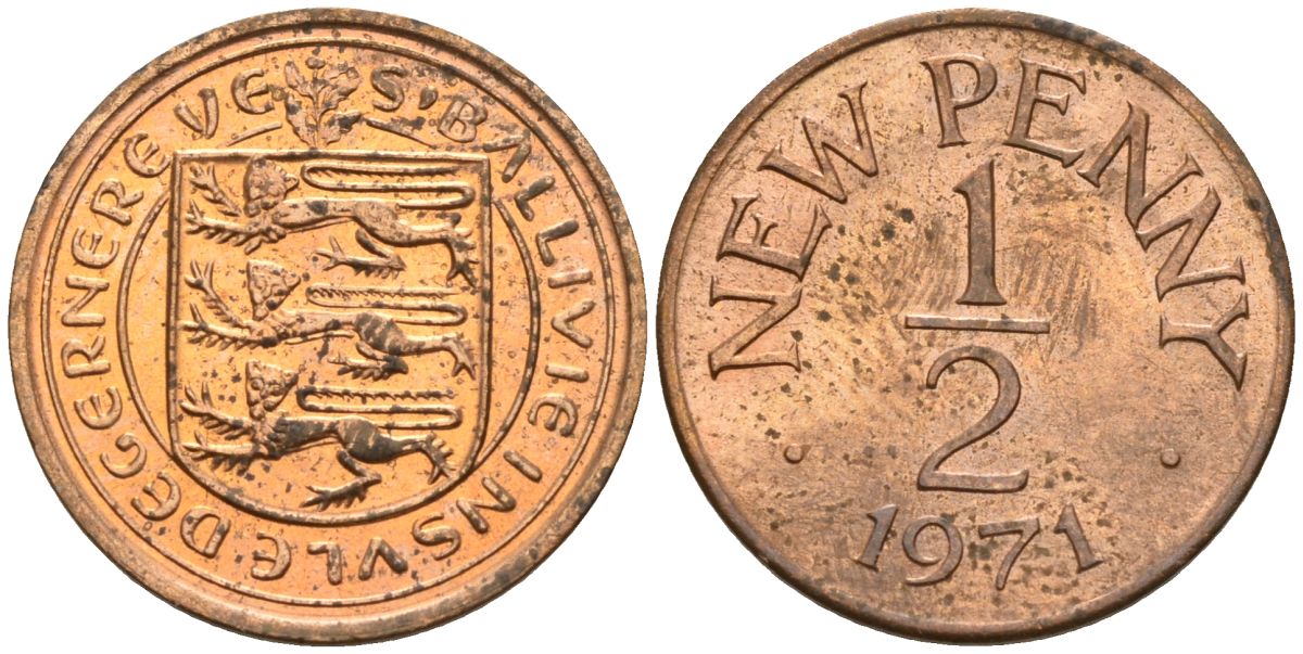 Гернси 1/2 пенни 1971 Елизавета II (1952-2022), герб KM 20 бронза 4154-115
