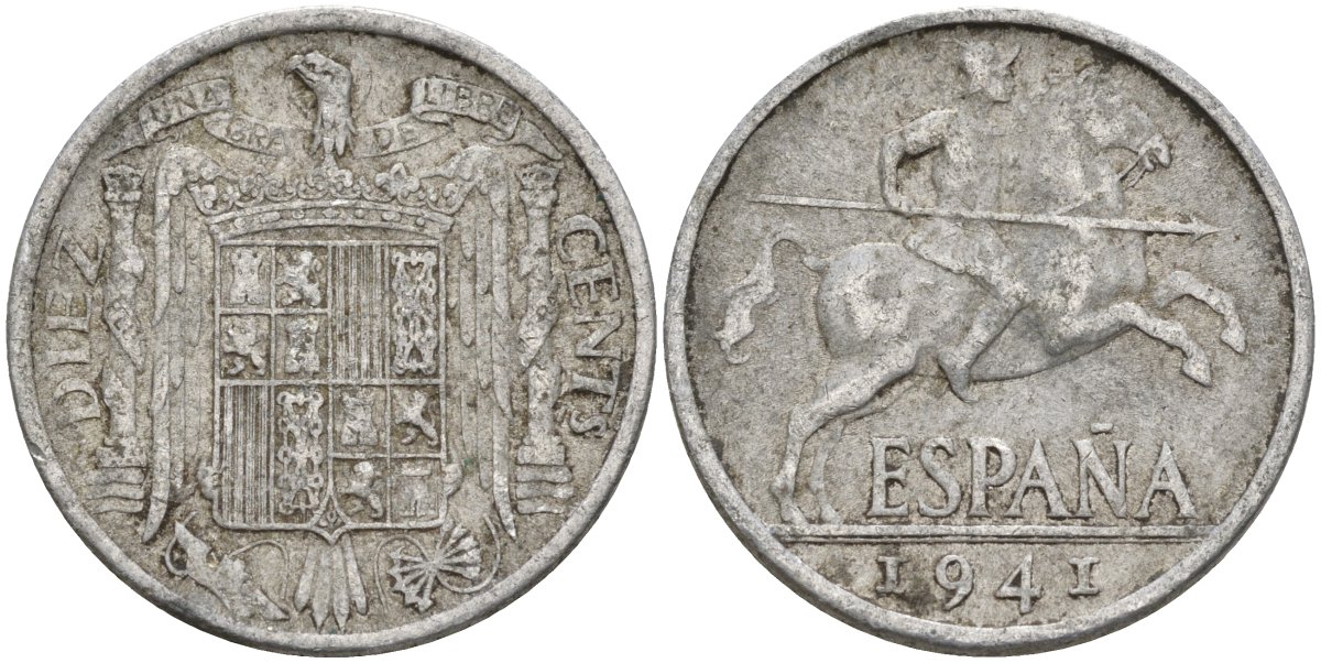 Испания 10 сентимо 1941 Франсиско Франко (1939 - 1975) KM 766 алюминий 4155-216