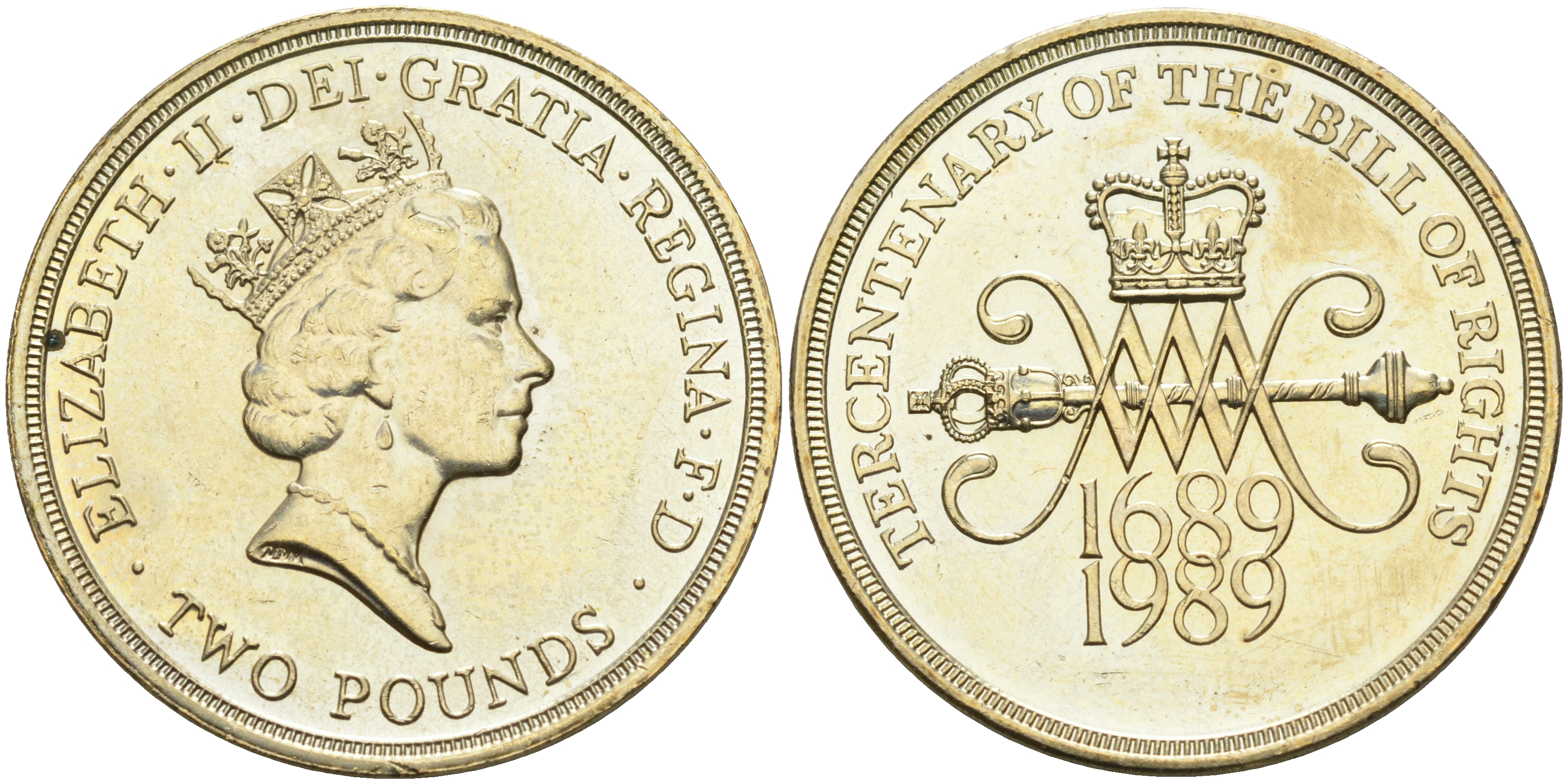 Великобритания 2 фунта 1989 Елизавета II (1952-2022), 300 лет "Биллю о правах" Англии KM 960, Spink 4313 никель латунь UNC 4565-142