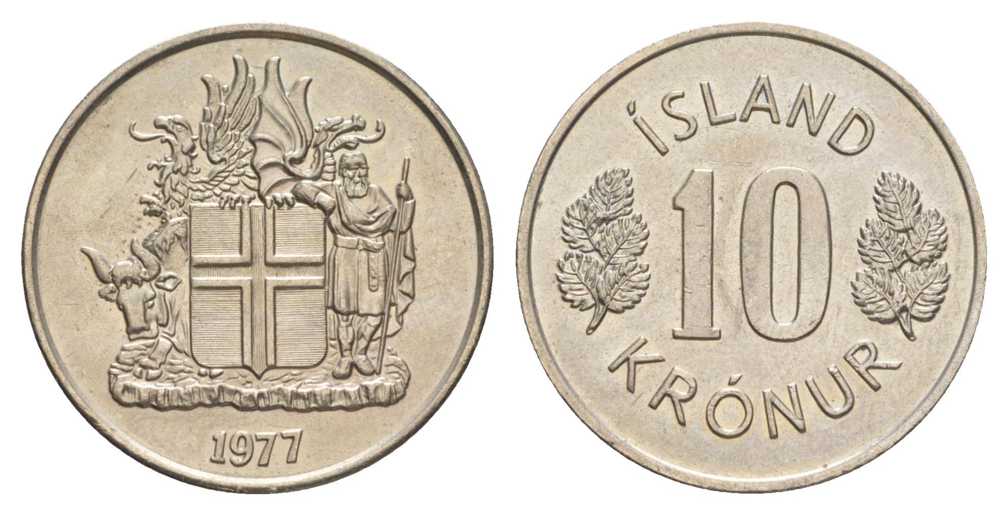 Исландия 10 крон 1977 KM 15 медно-никель UNC 4646-1213