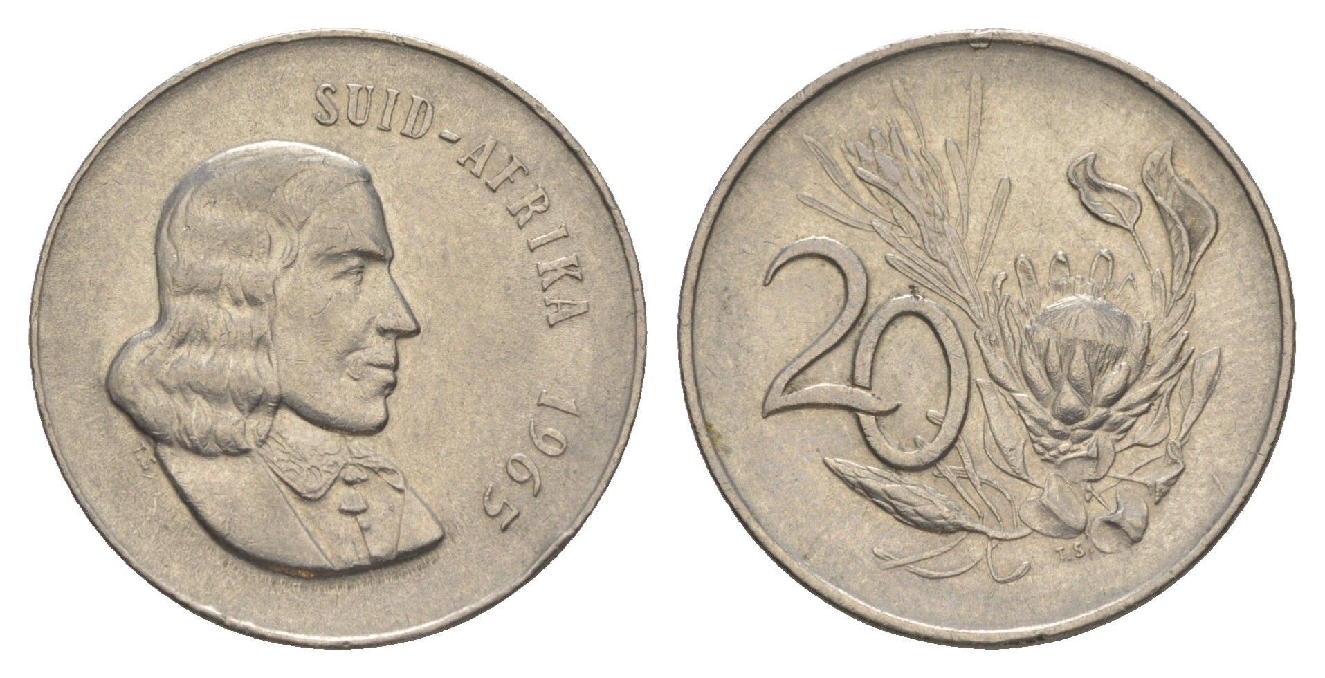 ЮАР 20 центов 1965 Ян ван Рибек (1619-1677), Suid Africa, легенда на африкаанс, цветок протея KM 69.2 никель 4546-711