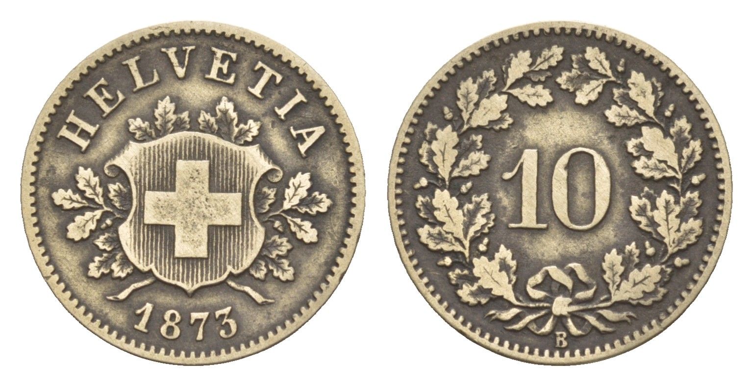 Швейцария 10 раппенов 1873 B, редкий год KM 6 серебро 1518-825
