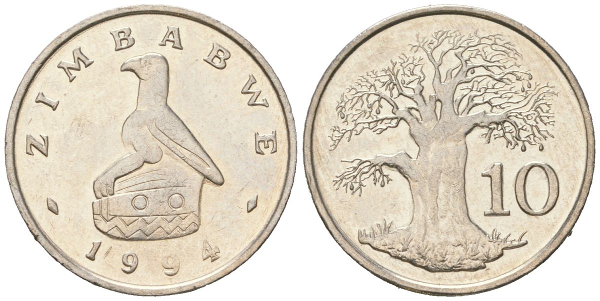 Зимбабве 10 центов 1994 птица-идол, баобаб KM 3 медно-никель UNC 4615-1153