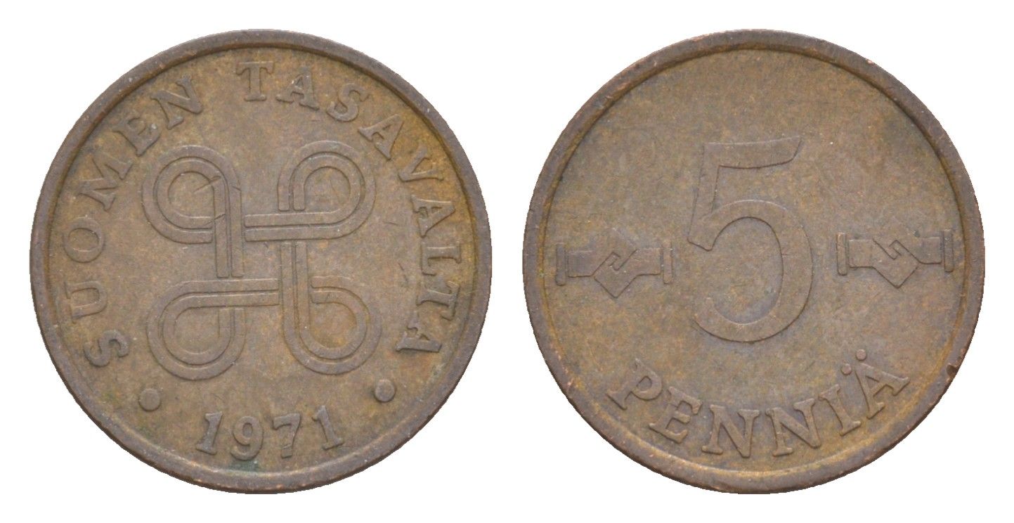Финляндия 5 пенни 1971 KM 45 медь 4647-262