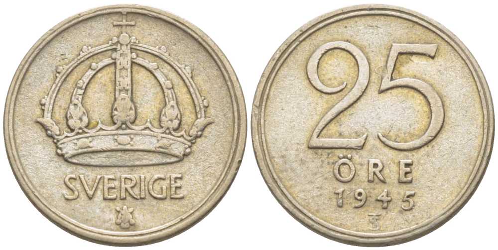Швеция 25 эре 1945 TS, Густав V (1907-1950) KM 816 серебро 116-1135