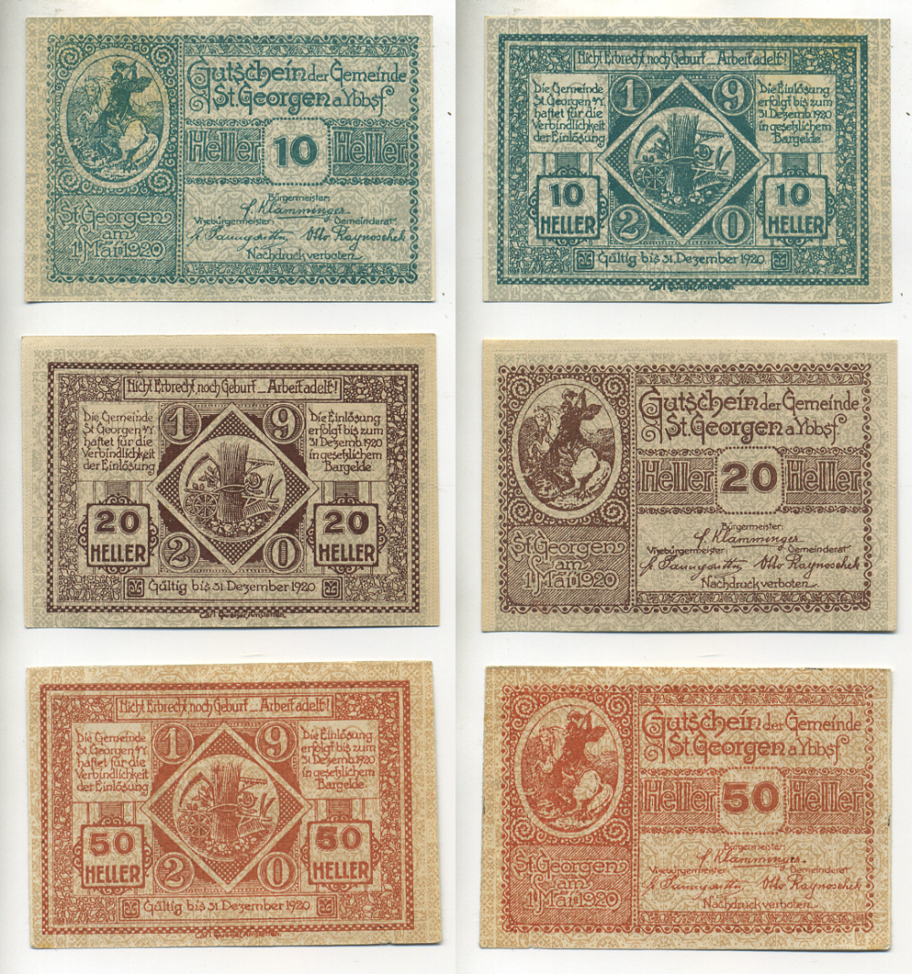Австрия набор из 3 банкнот 1920 1 мая 1920-31 декабря 1920, нотгельд, 10, 20, 50 геллеров, ST. GEORGEN am YBBSF   бумага  aUNC  7555-3-3-1