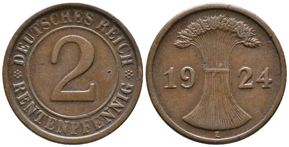 ГЕРМАНИЯ 2 РЕНТЕНПФЕННИГА 1924 E KM 31, J. 307 бронза 24-532