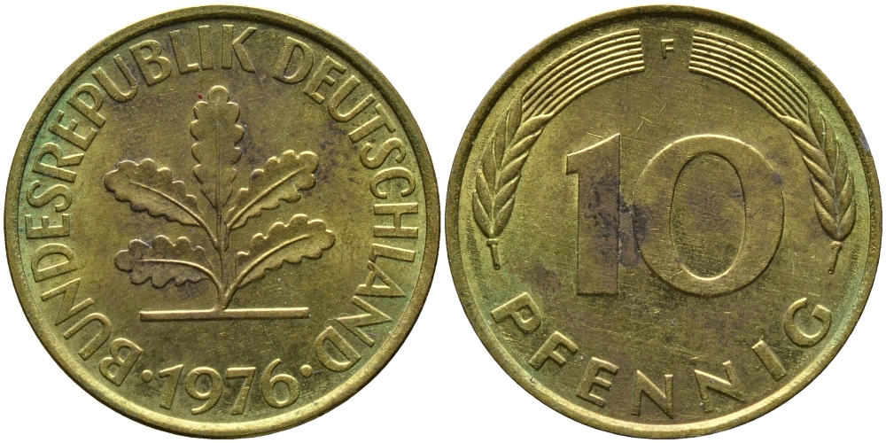 ФРГ 10 ПФЕННИГОВ 1976 F KM 108, J.383 сталь плакированная латунью 98-514