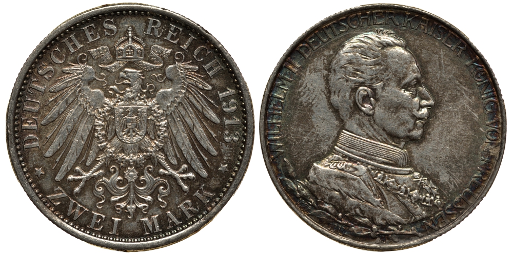 Пруссия 2 марки 1913 A, Вильгельм II (1888-1918), 25 лет правления (мундир) Weege 111, J. 111, KM 533 серебро 3711-832