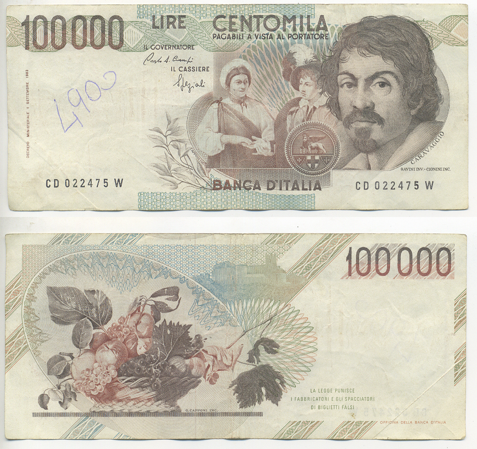 Италия 100000 лир 1983 Караваджо, фруктовый букет, подпись Stevani Pick 110а бумага 7220-5-2