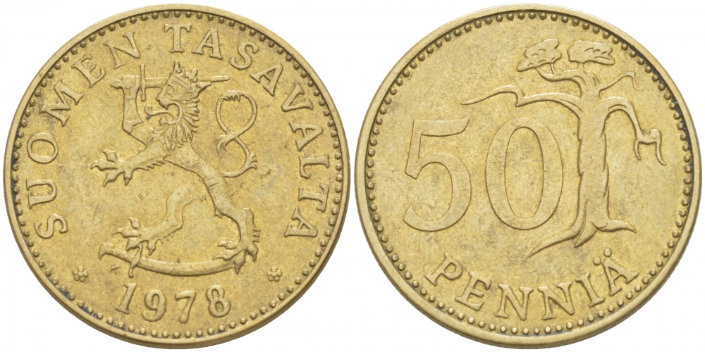 ФИНЛЯНДИЯ 50 ПЕННИ 1978 K KM 48 алюминиевая бронза 212-1046