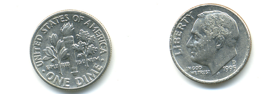 США 10 ЦЕНТОВ = 1 ДАЙМ 1995 D, РУЗВЕЛЬТ KM 195a медь плакированная медно-никелем 4379-437
