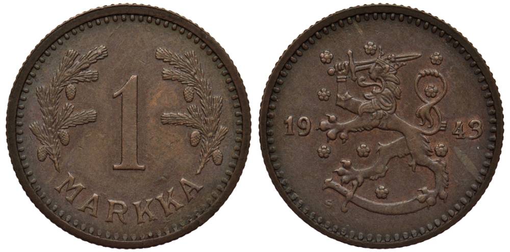 ФИНЛЯНДИЯ 1 МАРКА 1943 S KM 30а медь 4548-1053